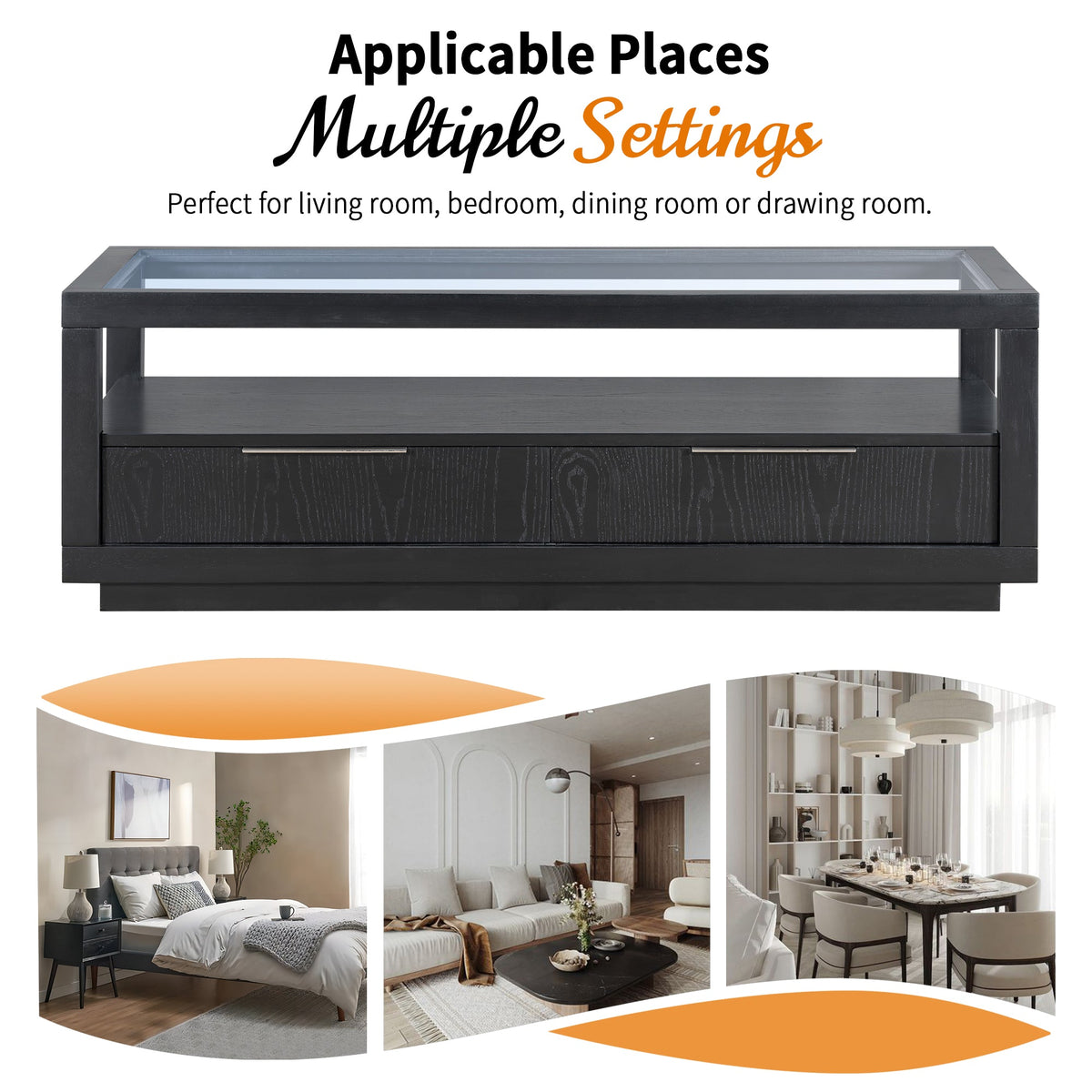 Modern Coffee Table with Drawers and Glass Top