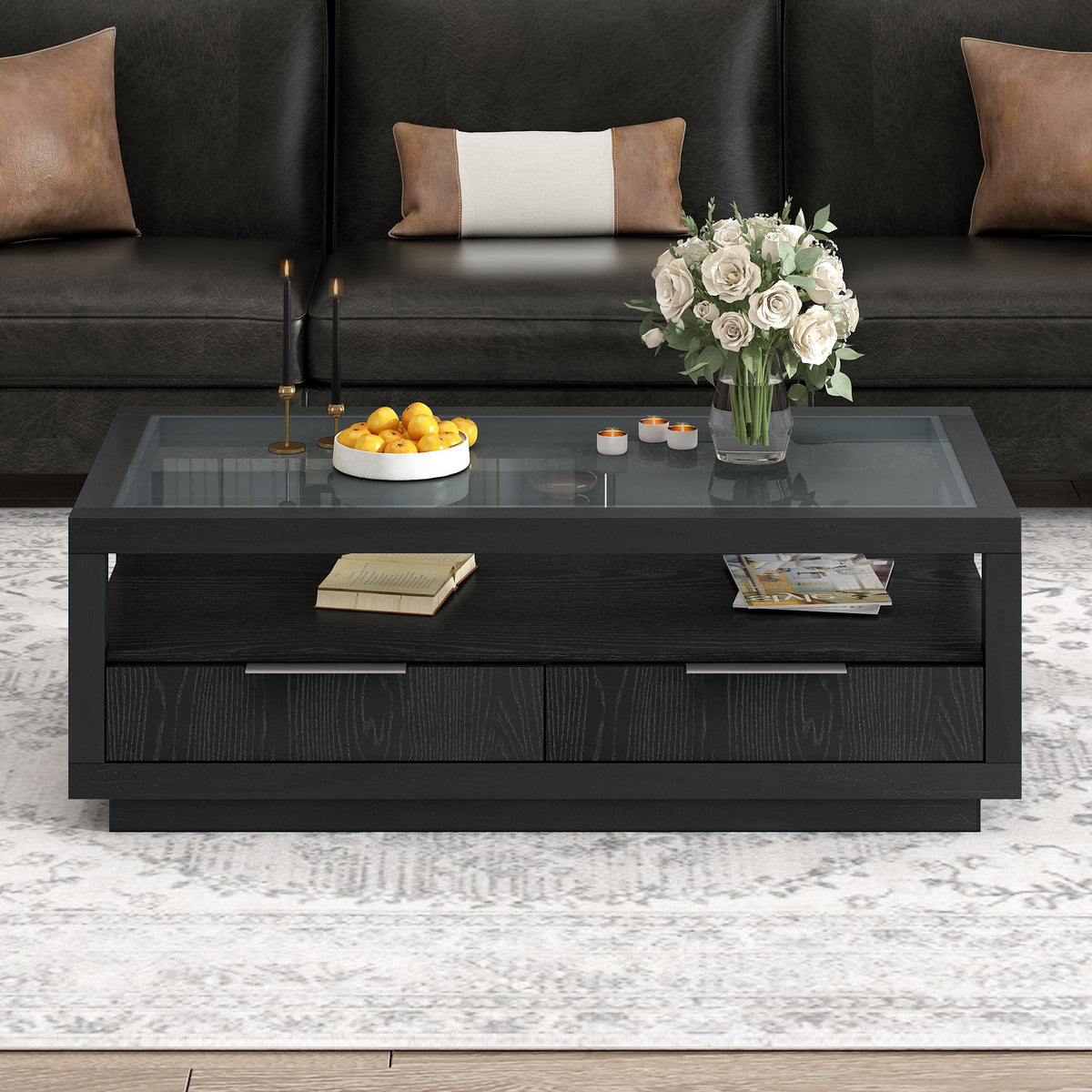 Modern Coffee Table with Drawers and Glass Top