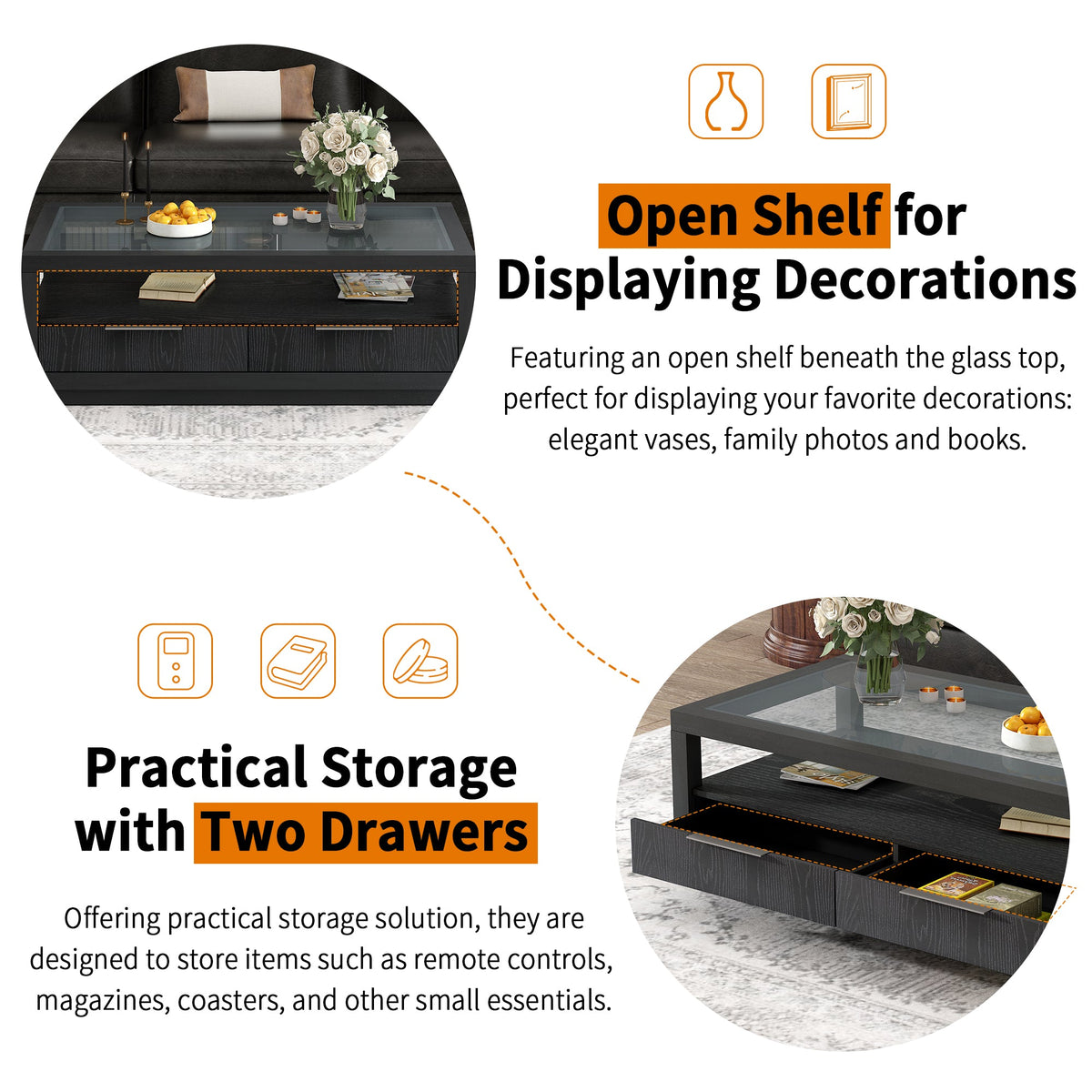 Modern Coffee Table with Drawers and Glass Top