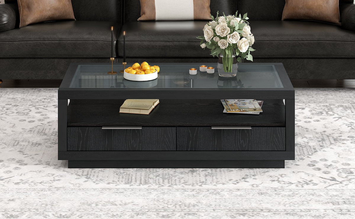 Modern Coffee Table with Drawers and Glass Top