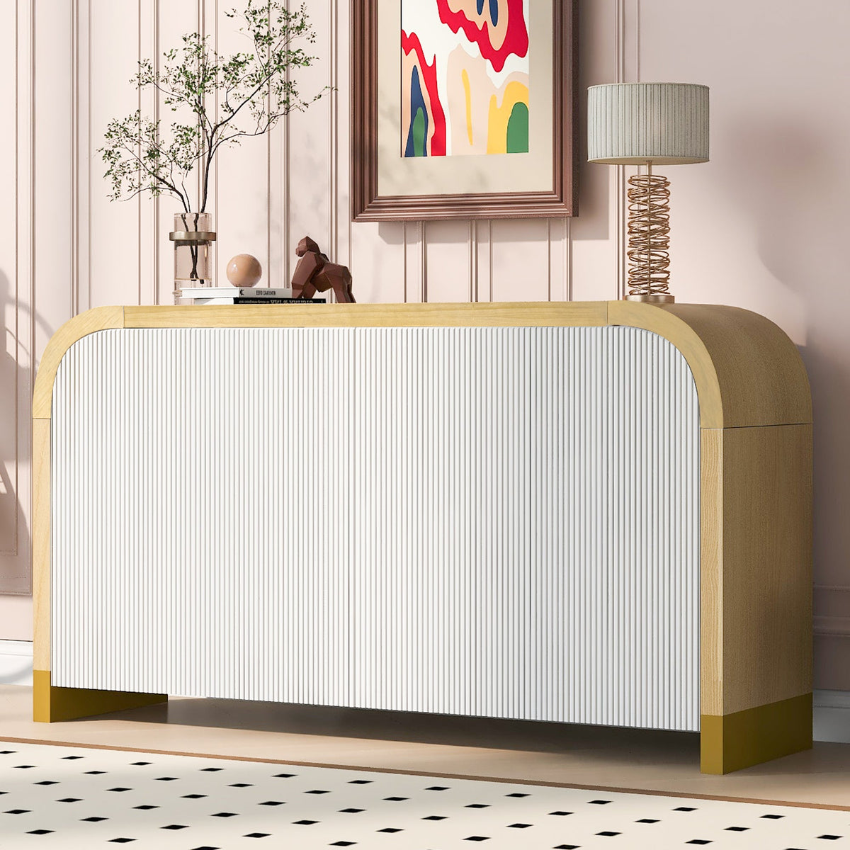 Curved Fluted Door Sideboard Buffet With Adjustable Shelves