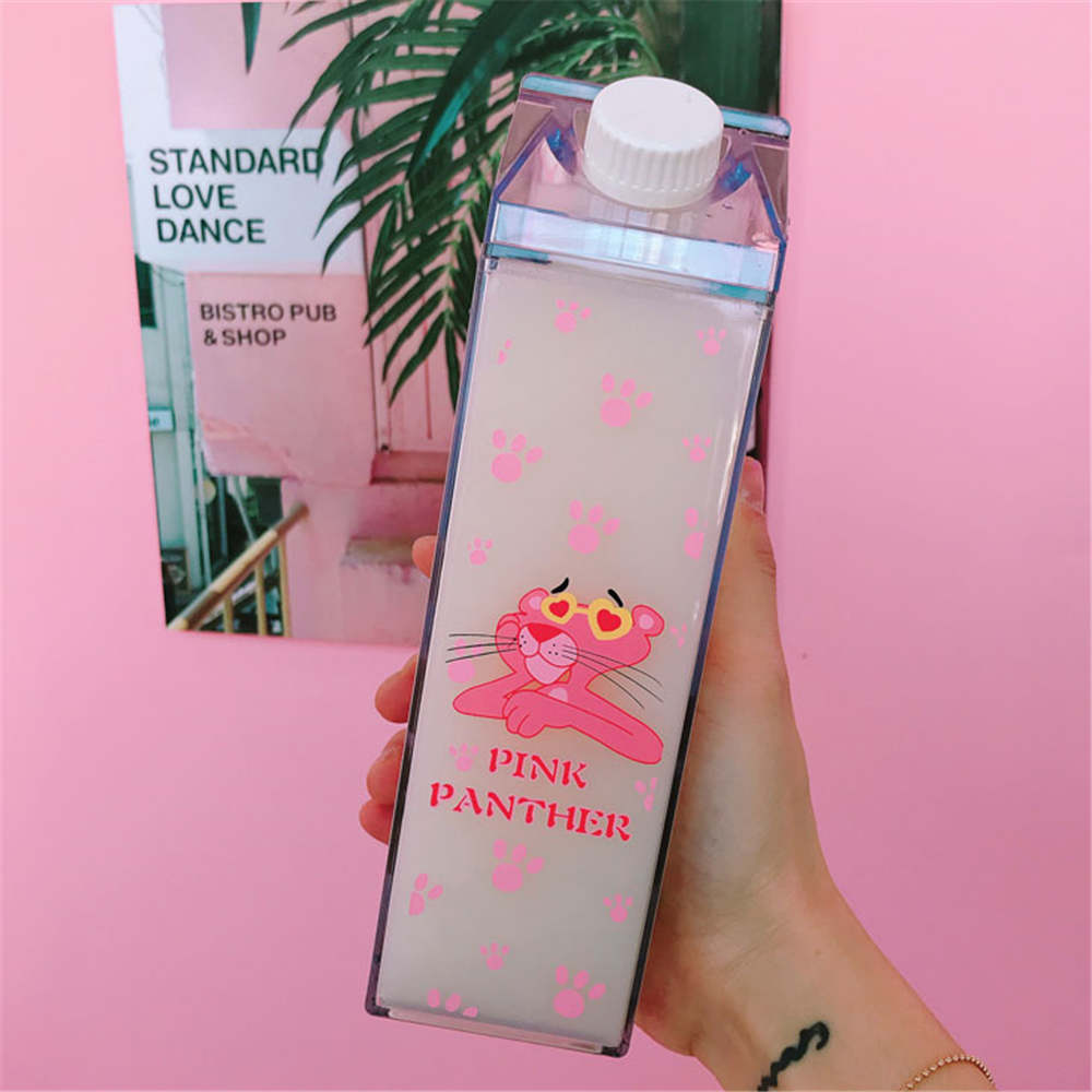 Cute Pink Panther Milk Carton Water Bottle for Drinks