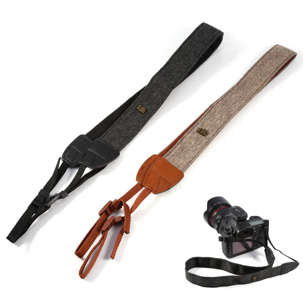 Vintage Herringbone Camera Strap with Leather Shoulder Pads