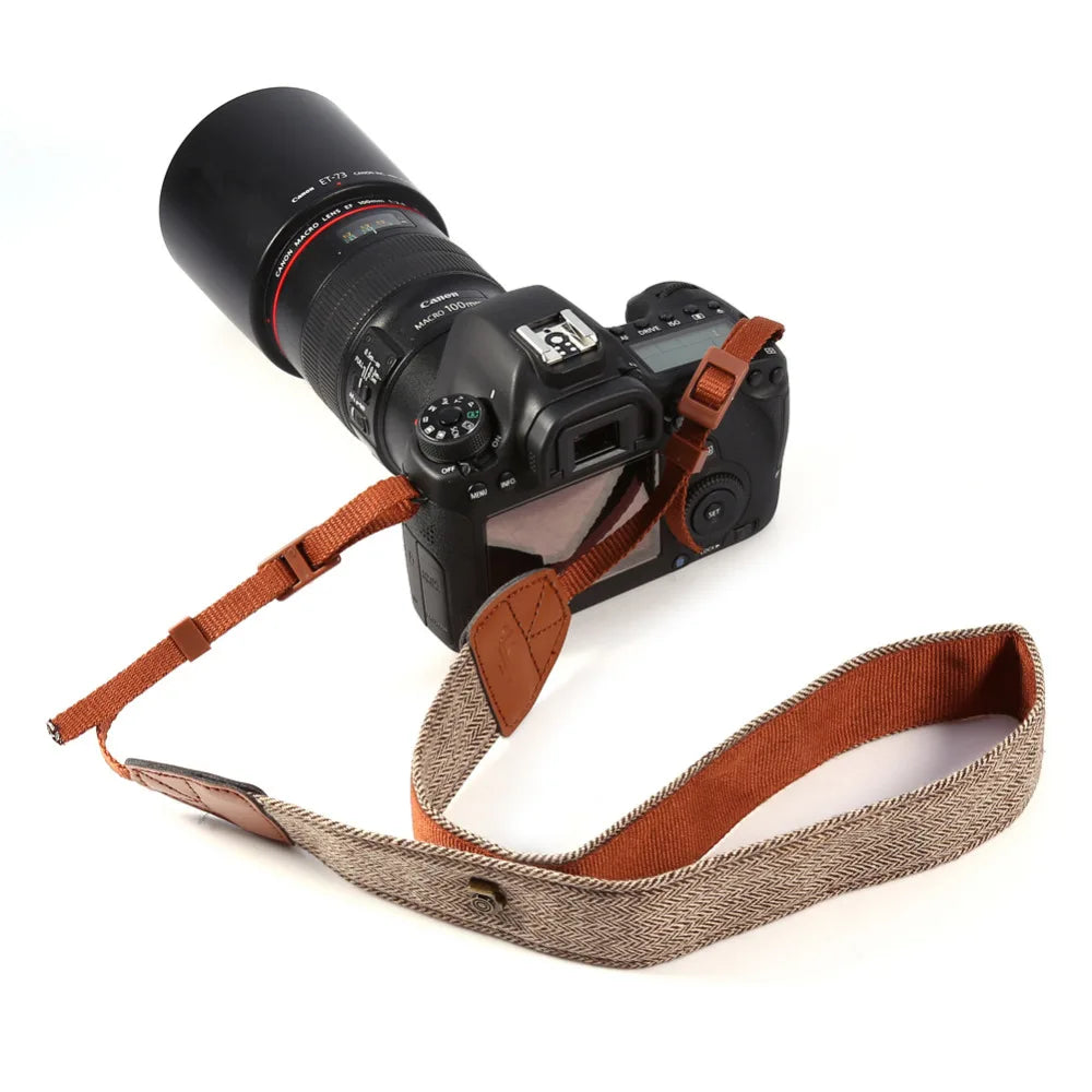 Vintage Herringbone Camera Strap with Leather Shoulder Pads