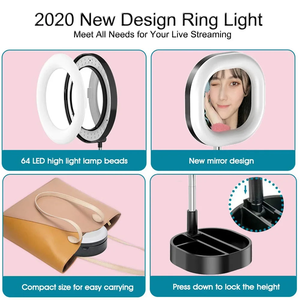Selfie Ring Light with Mirror, Phone Holder & Stand