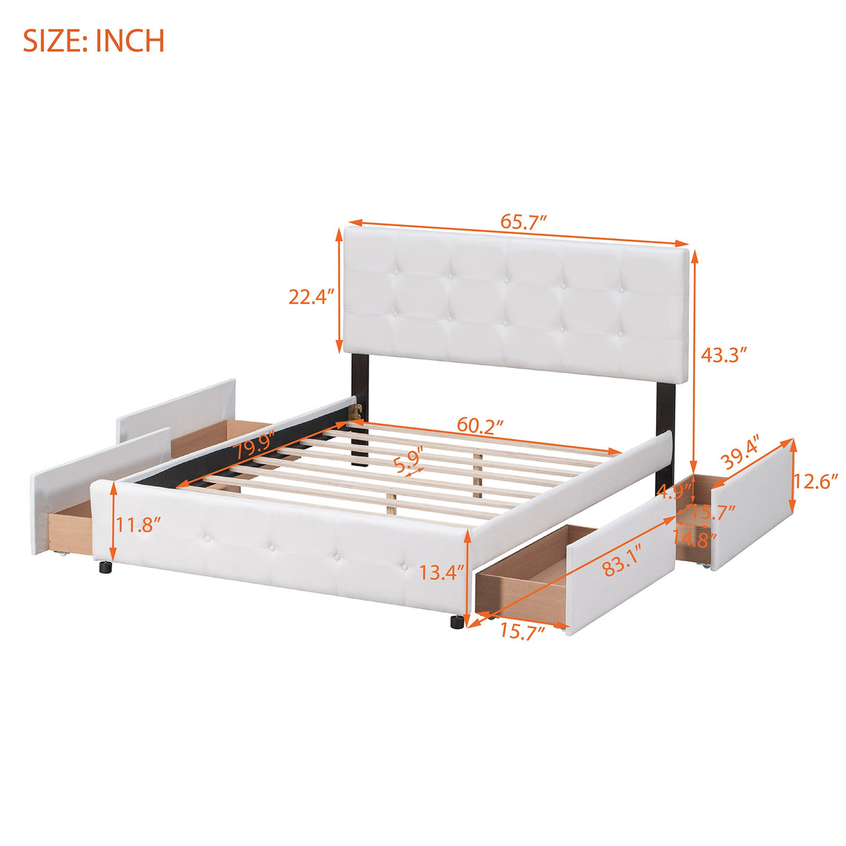 Queen Upholstered Platform Bed with 4 Storage Drawers