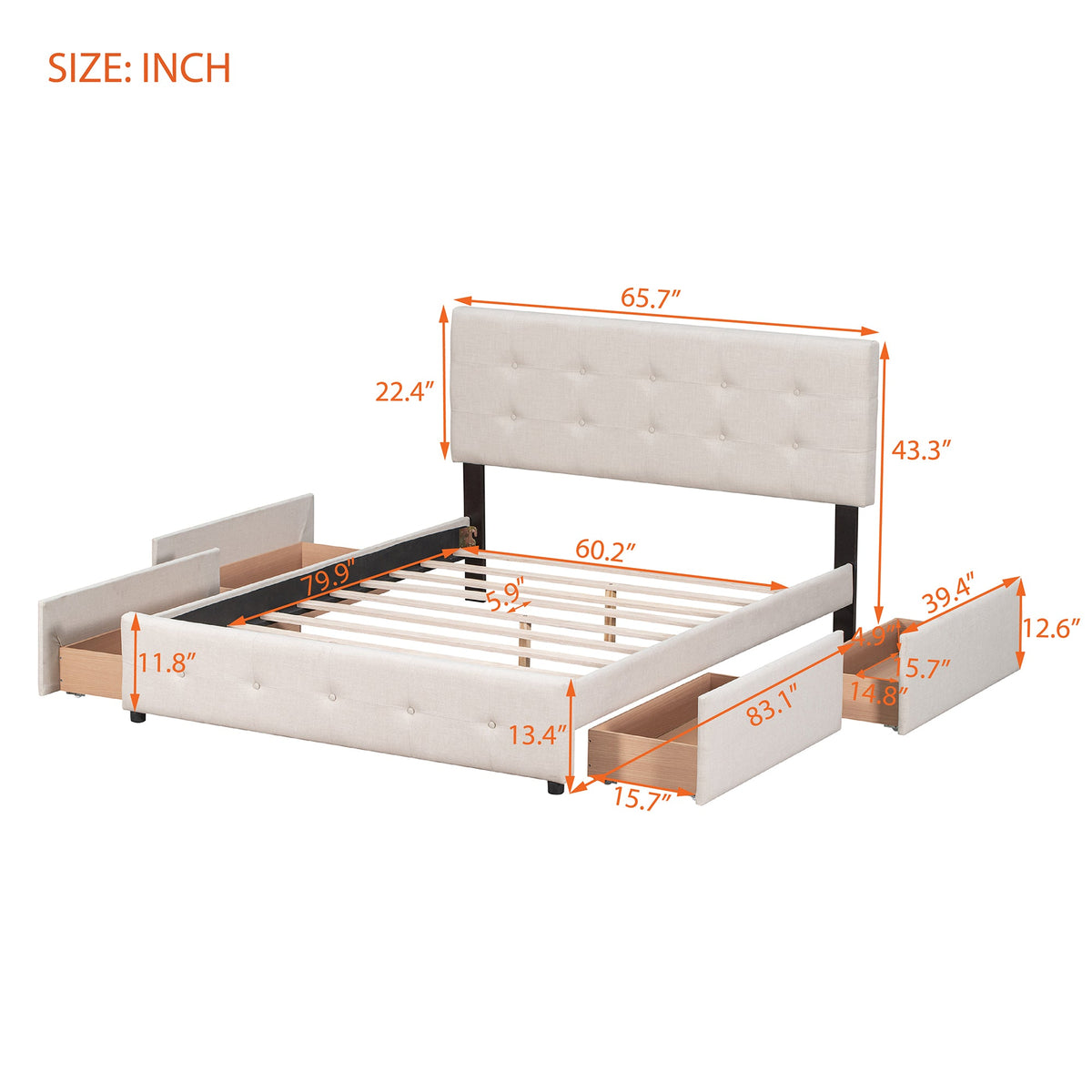 Queen Platform Bed with Storage Drawers, No Box Spring