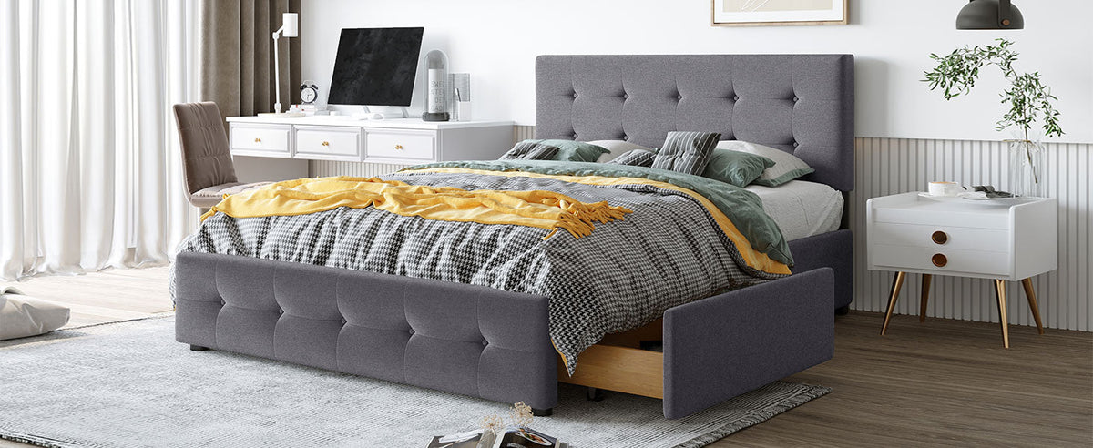Queen Platform Bed With Storage Drawers, Dark Gray Linen