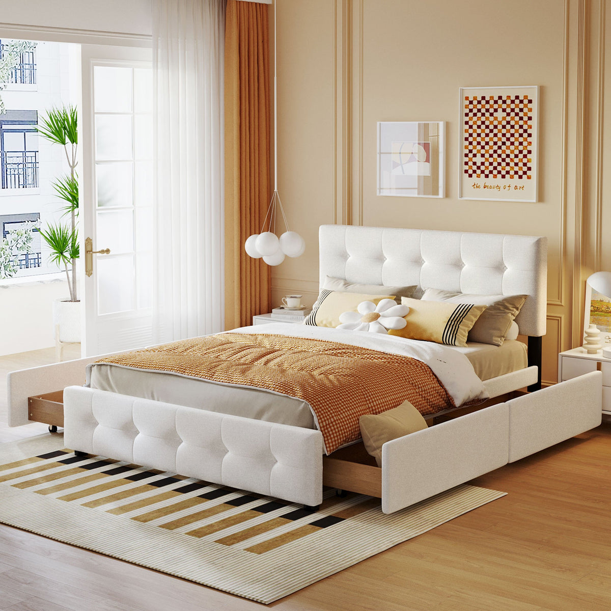 Queen Upholstered Platform Bed with 4 Storage Drawers