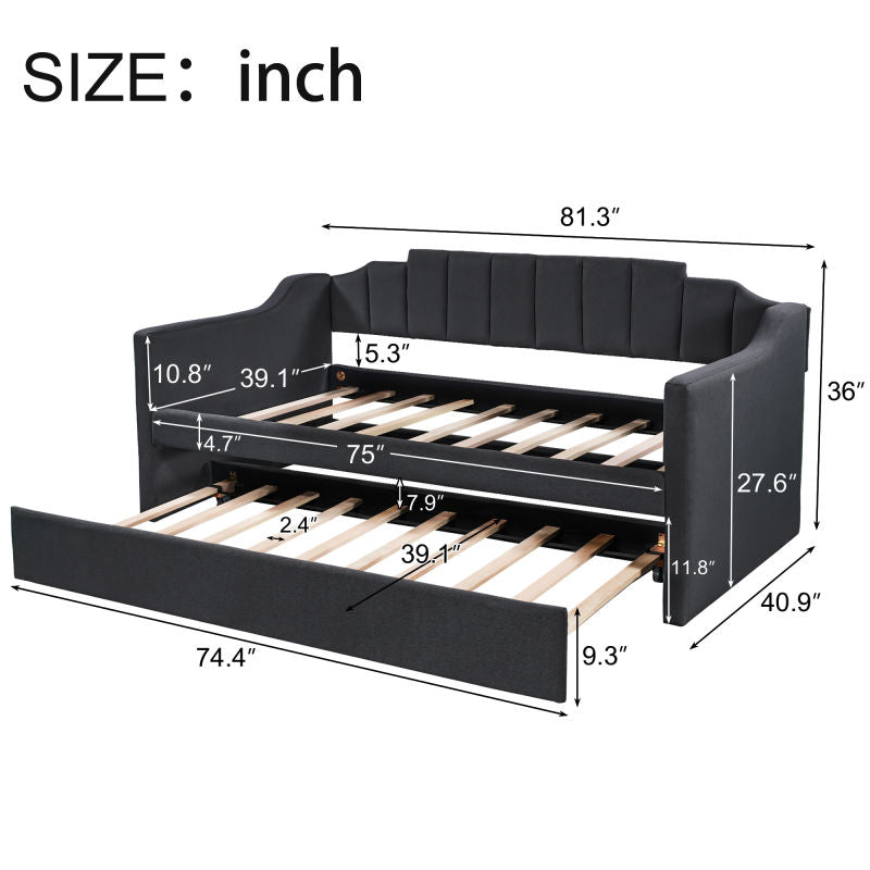 Twin Daybed with Trundle: Black Upholstered Sofa Bed