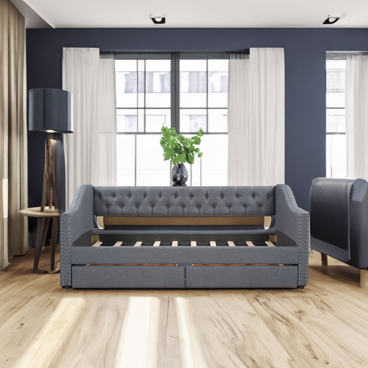 Tufted Gray Daybed with Storage Drawers for Small Spaces