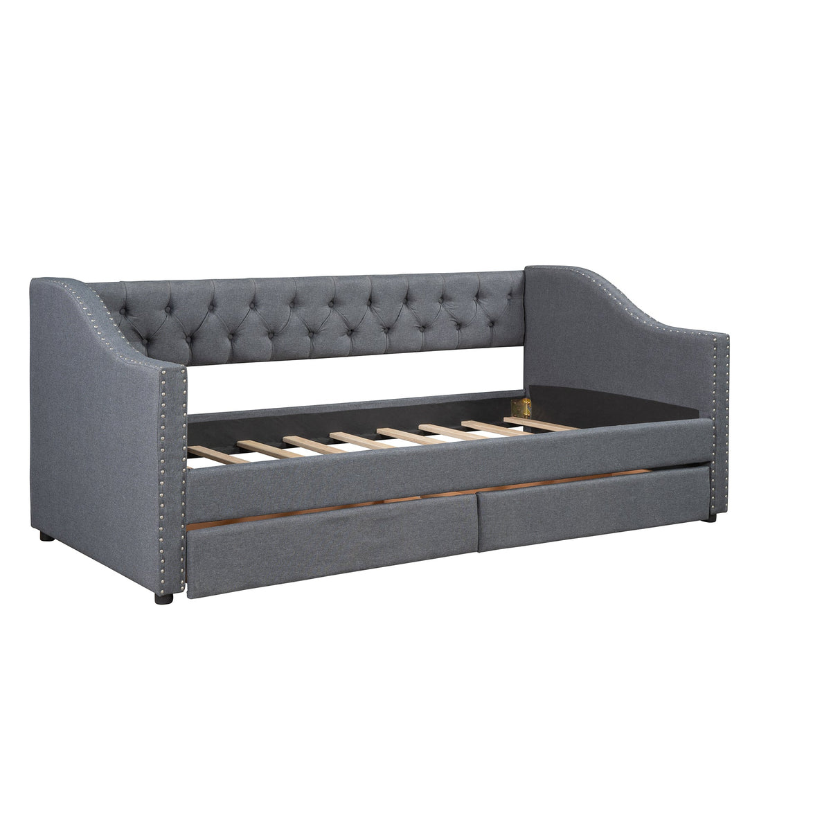 Tufted Gray Daybed with Storage Drawers for Small Spaces