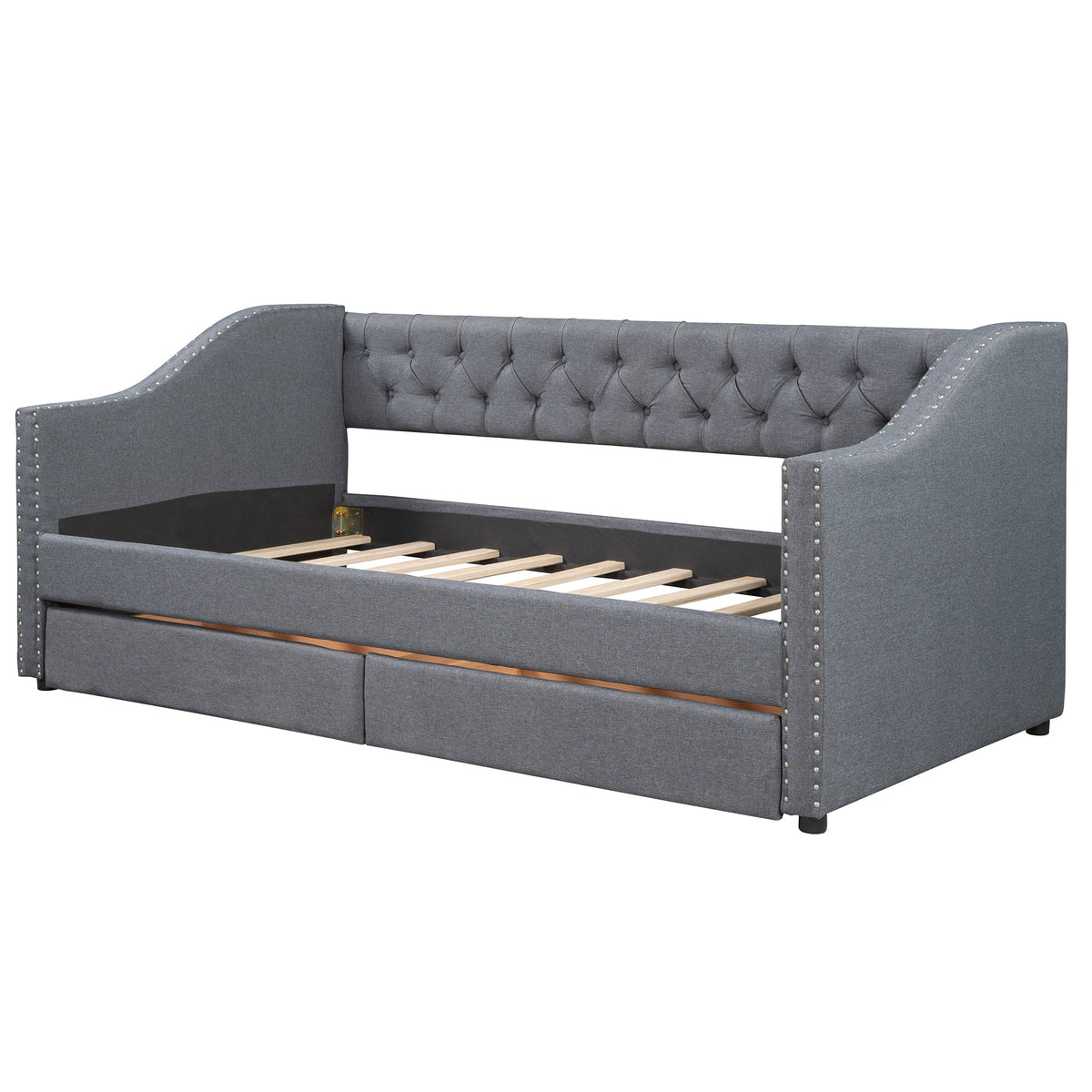 Tufted Gray Daybed with Storage Drawers for Small Spaces