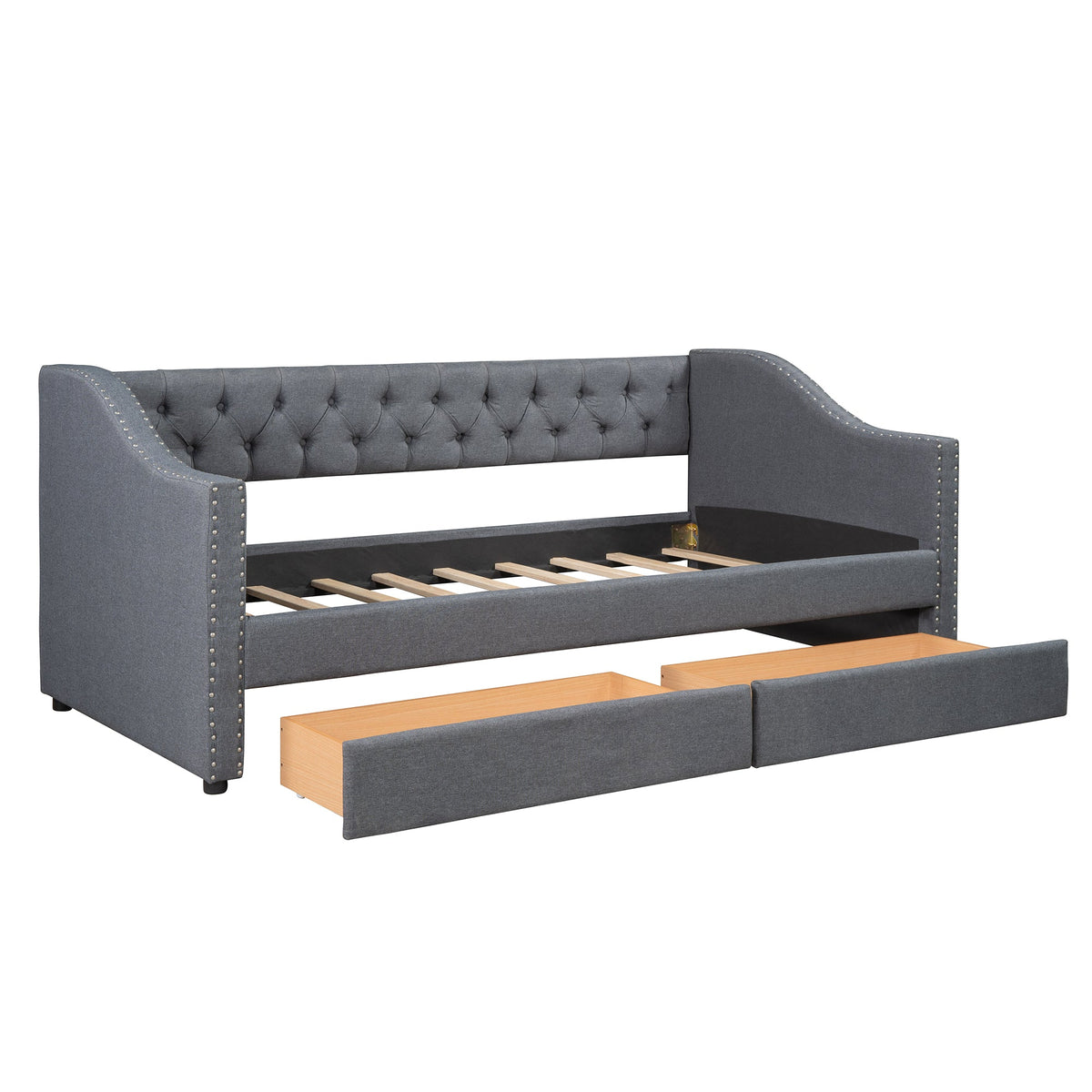 Tufted Gray Daybed with Storage Drawers for Small Spaces