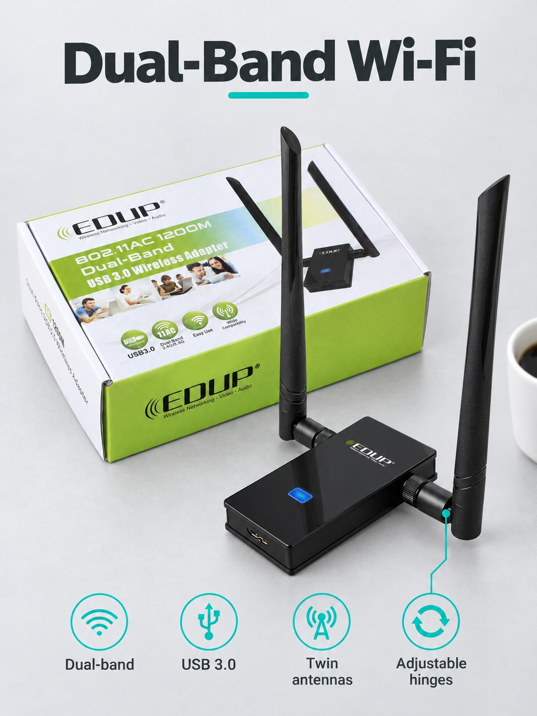 USB WiFi Adapter AC1200 Dual-Band with High-Gain Antennas
