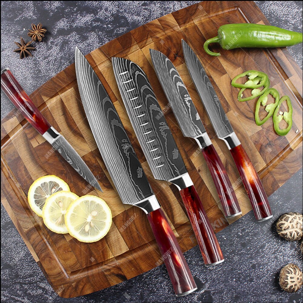 Damascus Pattern Kitchen Knife Set, 11 Piece Chef Knives