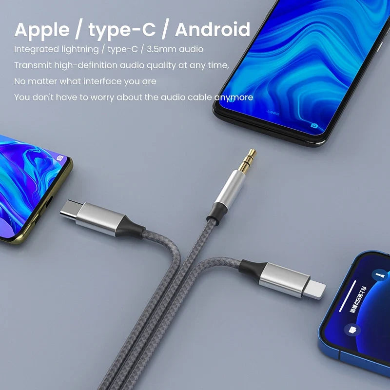 3-in-1 Aux Audio Cable for iPhone, Type-C & Android