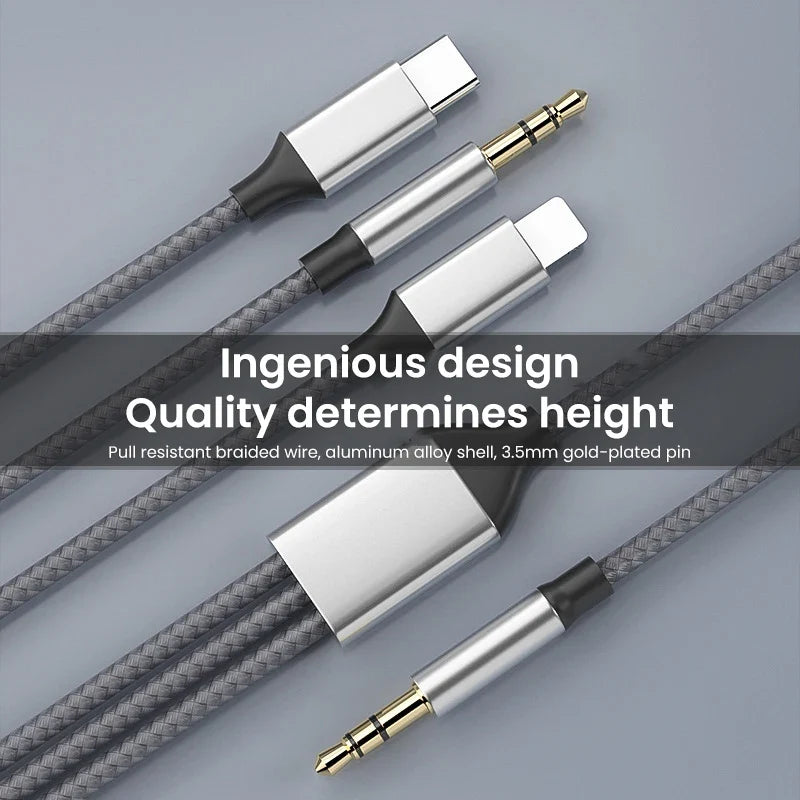 3-in-1 Aux Audio Cable for iPhone, Type-C & Android