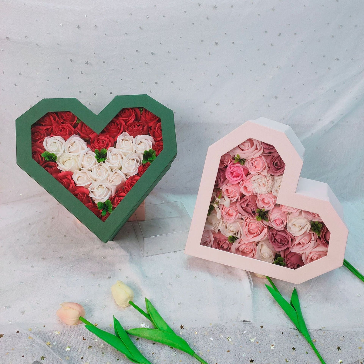 Heart-Shaped Floral Gift Box With Romantic Clear Window