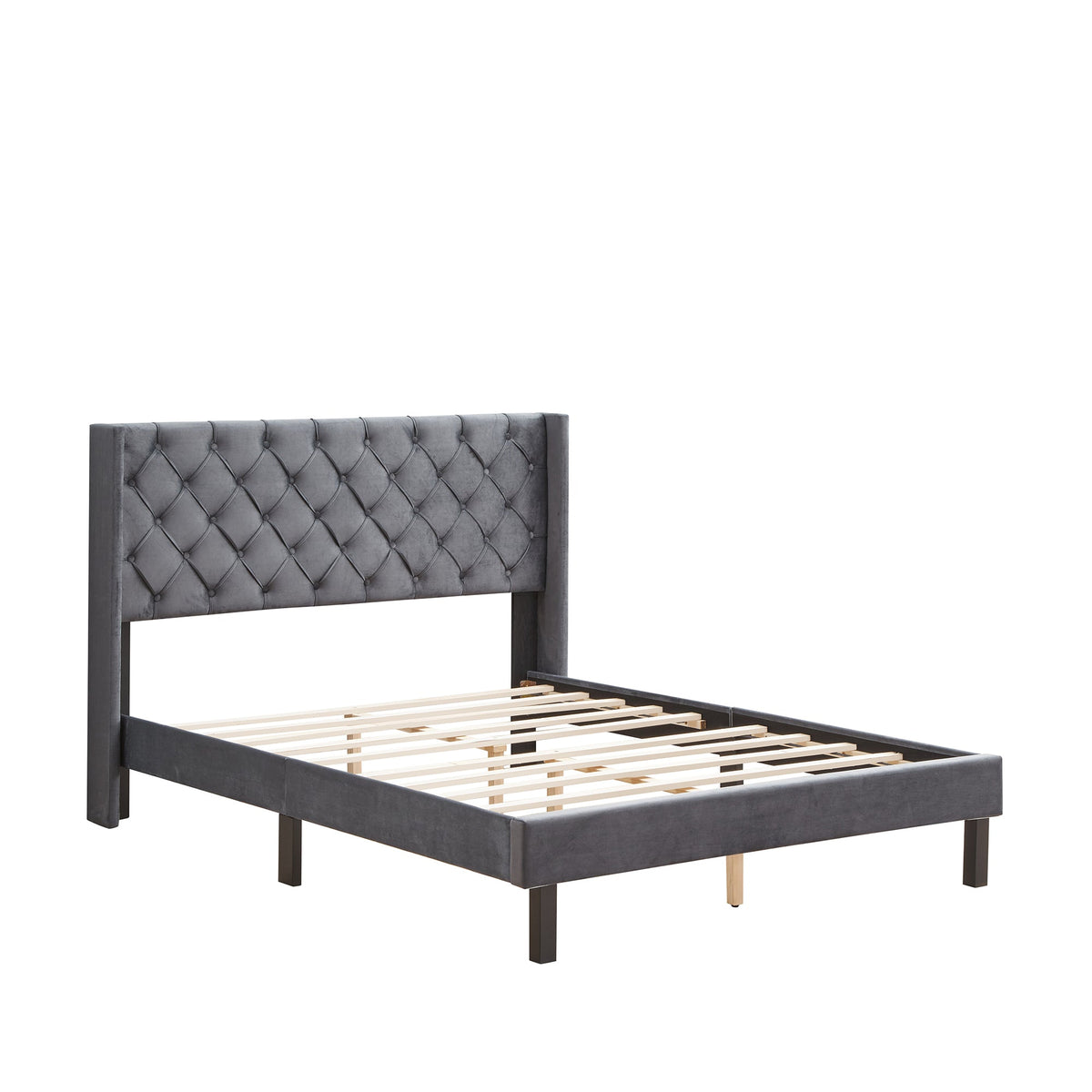 Tufted Velvet Queen Bed Frame with Wingback Headboard