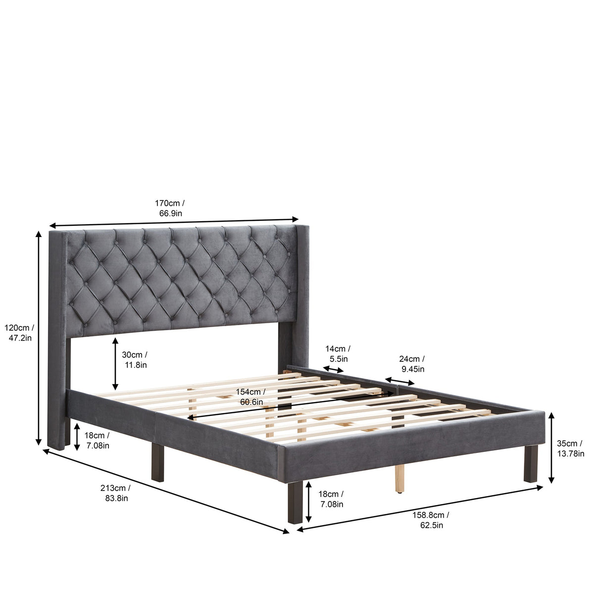 Tufted Velvet Queen Bed Frame with Wingback Headboard