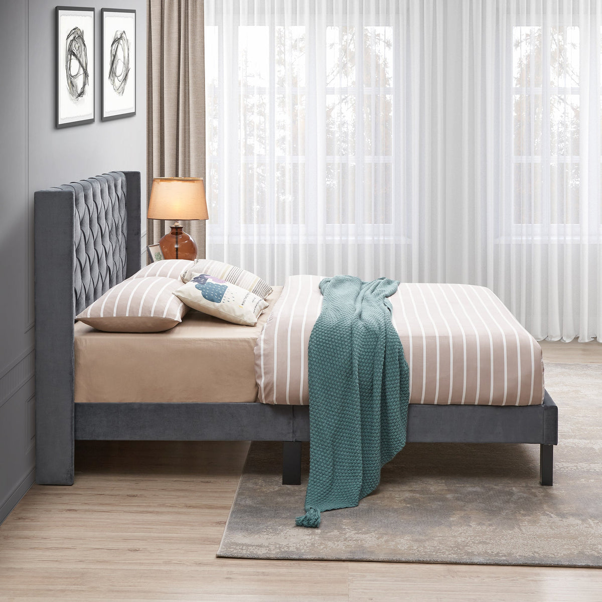 Tufted Velvet Queen Bed Frame with Wingback Headboard
