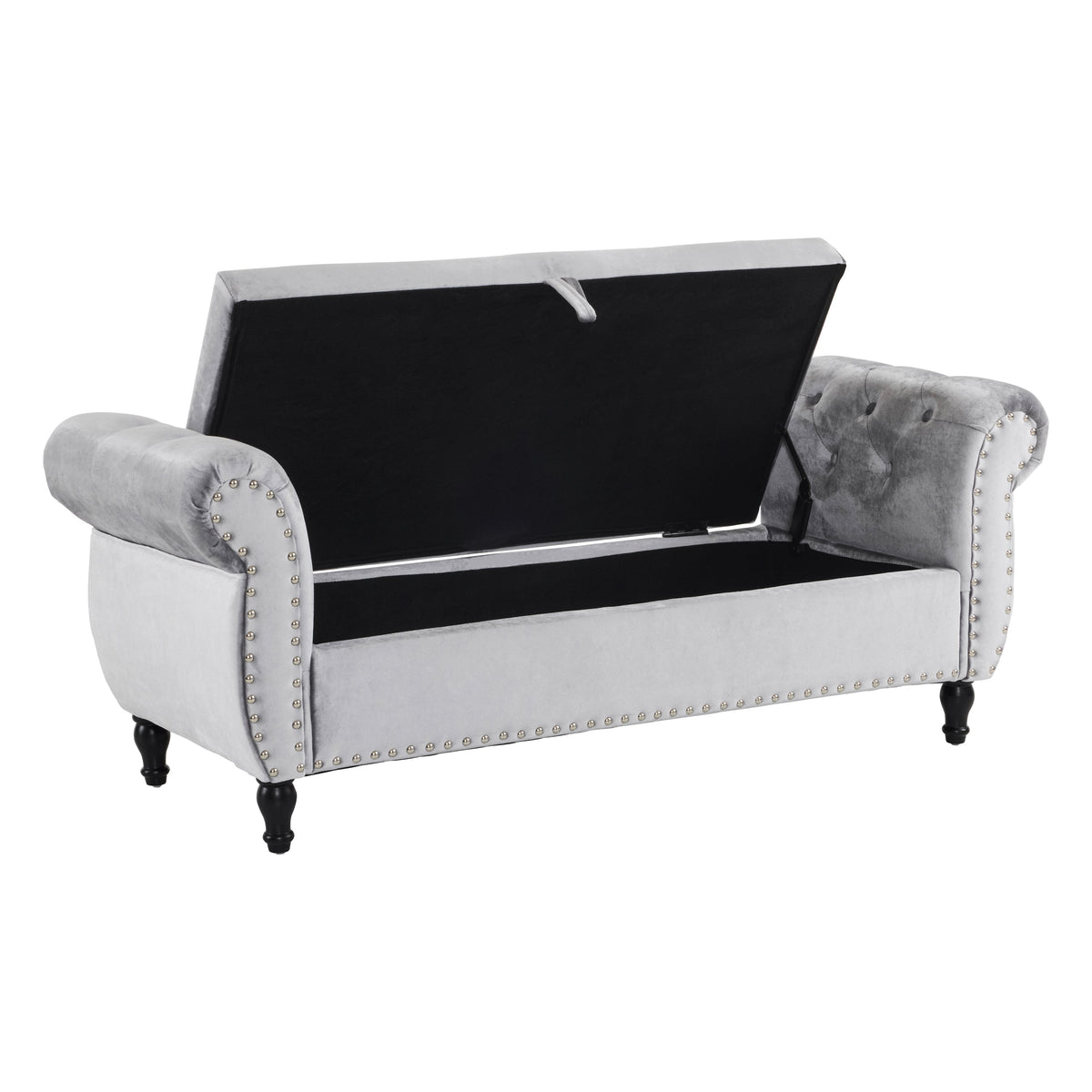 Grey Velvet Storage Bench with Pillow for Bedroom