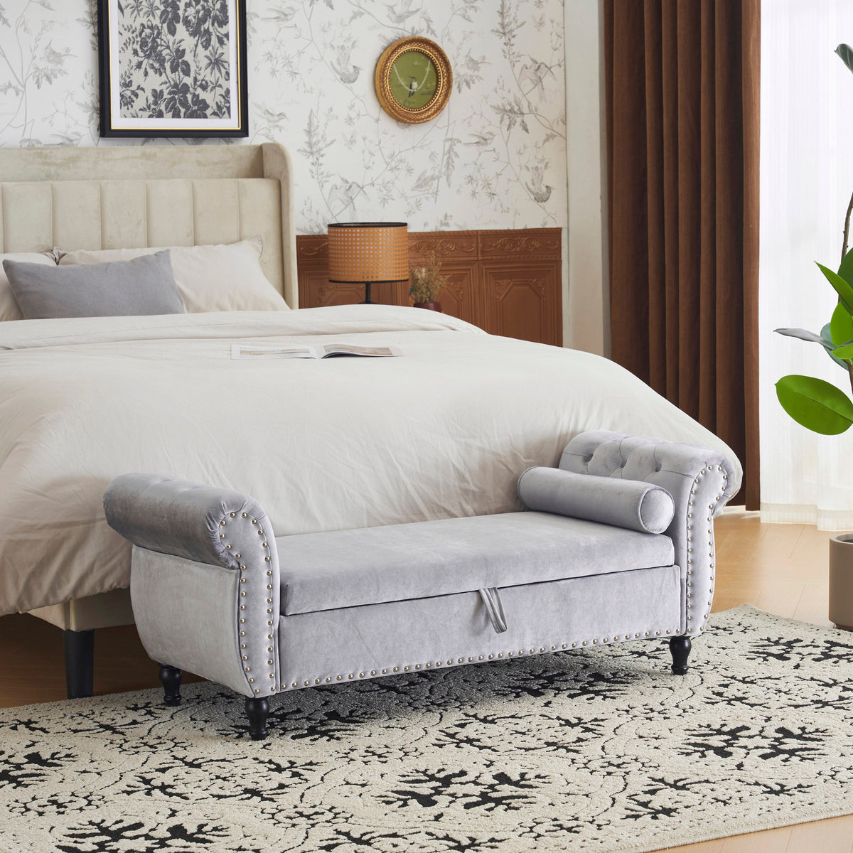 Grey Velvet Storage Bench with Pillow for Bedroom