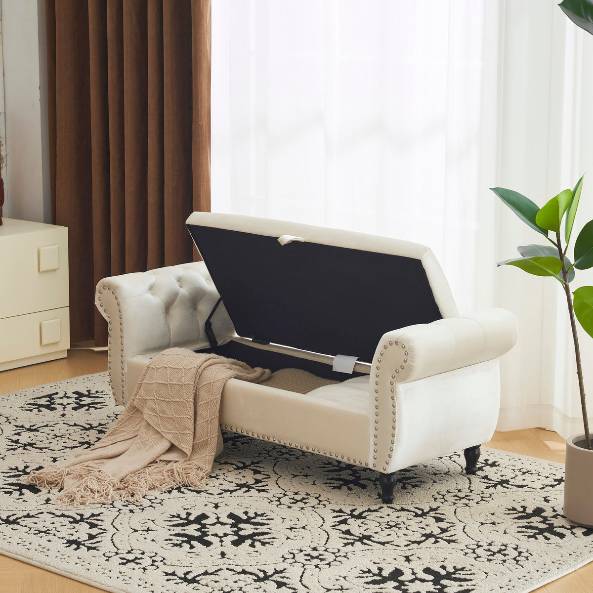 Velvet Storage Ottoman Bench with Pillow for Bedroom