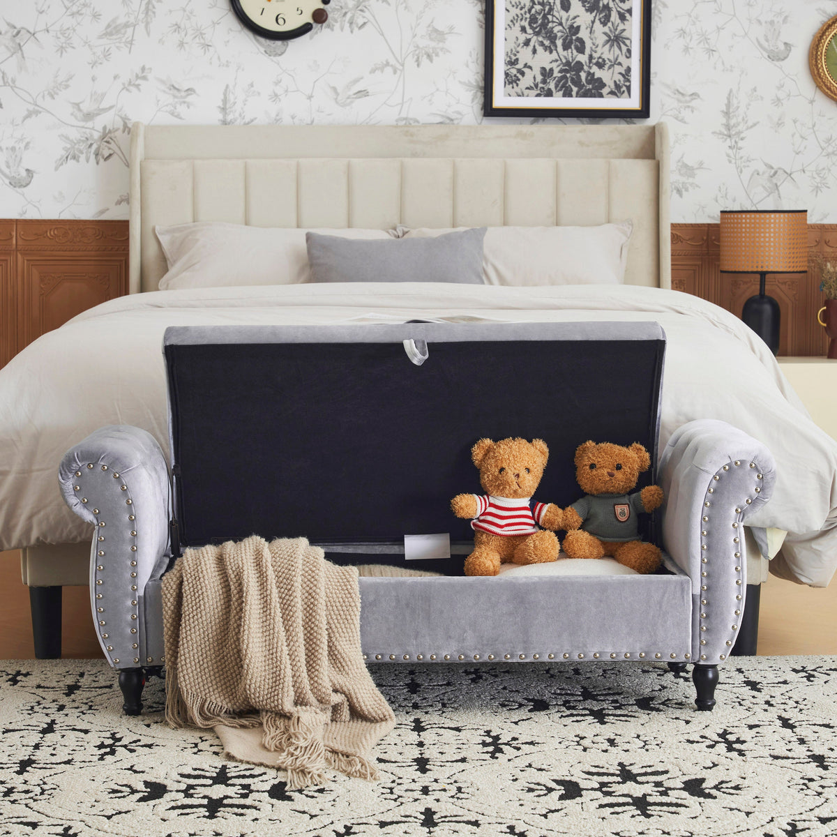 Grey Velvet Storage Bench with Pillow for Bedroom