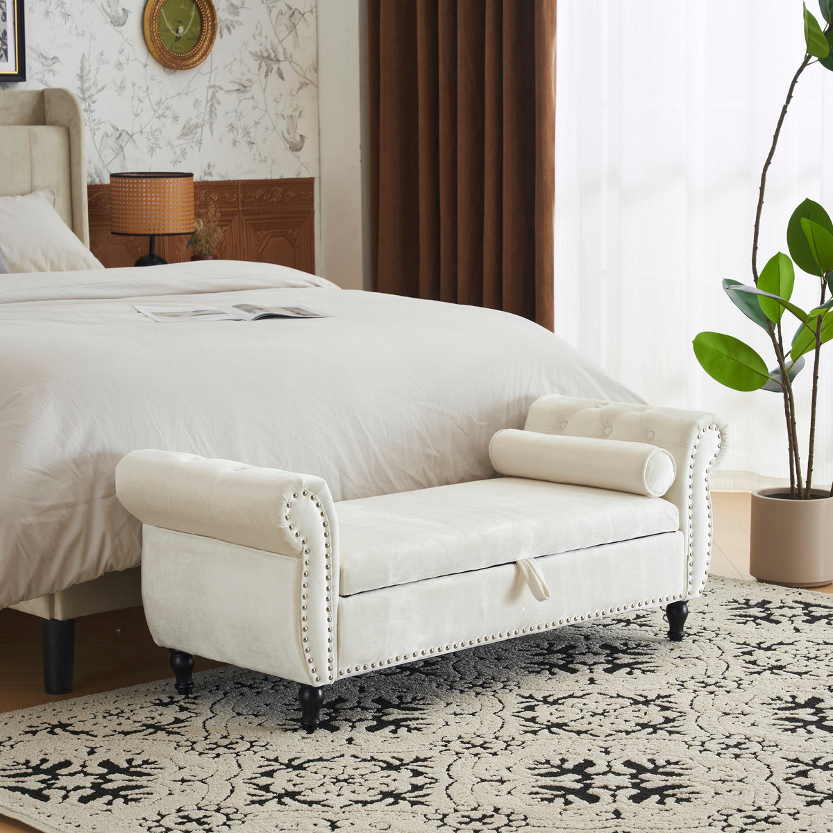 Velvet Storage Ottoman Bench with Pillow for Bedroom