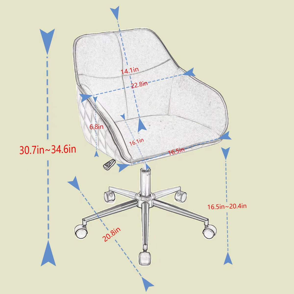 Quilted Velvet Desk Chair with Gas Lift and Silent Wheels