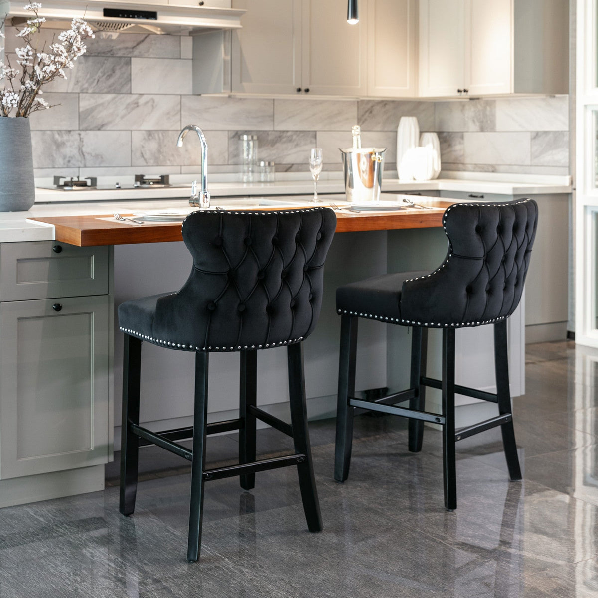 Black Velvet Wing Back Bar Stool with Tufted Buttons