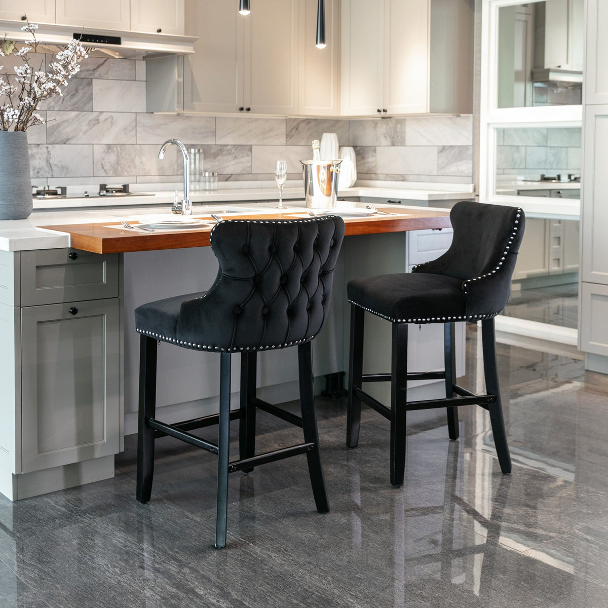 Black Velvet Wing Back Bar Stool with Tufted Buttons