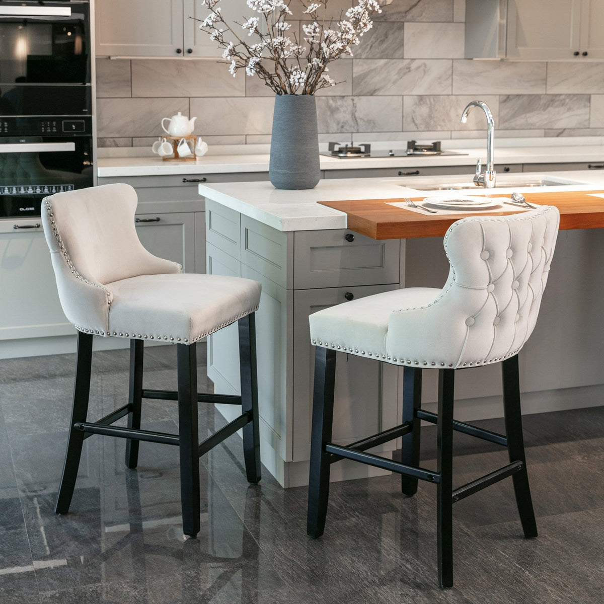 Velvet Wing Back Bar Stools Set of 2 with Nailhead Trim