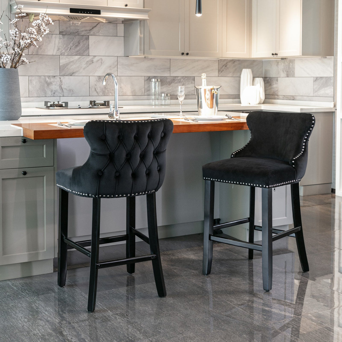 Black Velvet Wing Back Bar Stool with Tufted Buttons