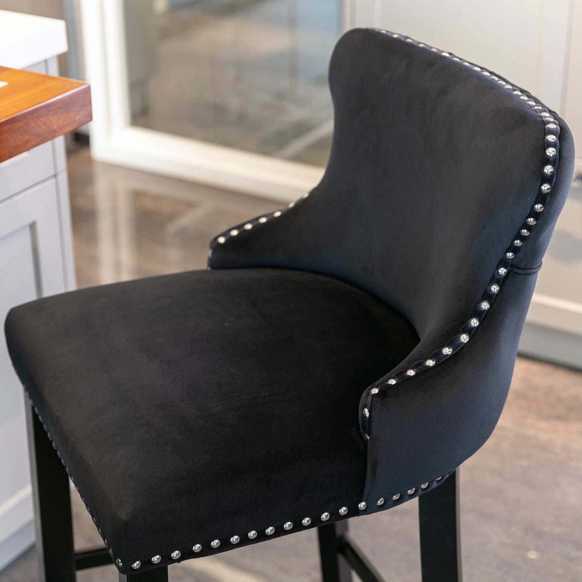 Black Velvet Wing Back Bar Stool with Tufted Buttons