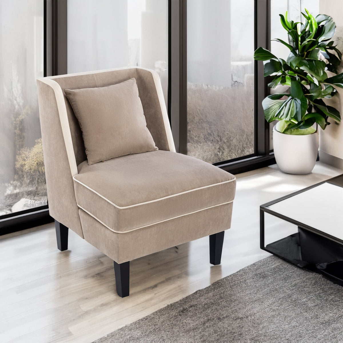 Velvet Accent Chair with Cream Piping for Living Rooms