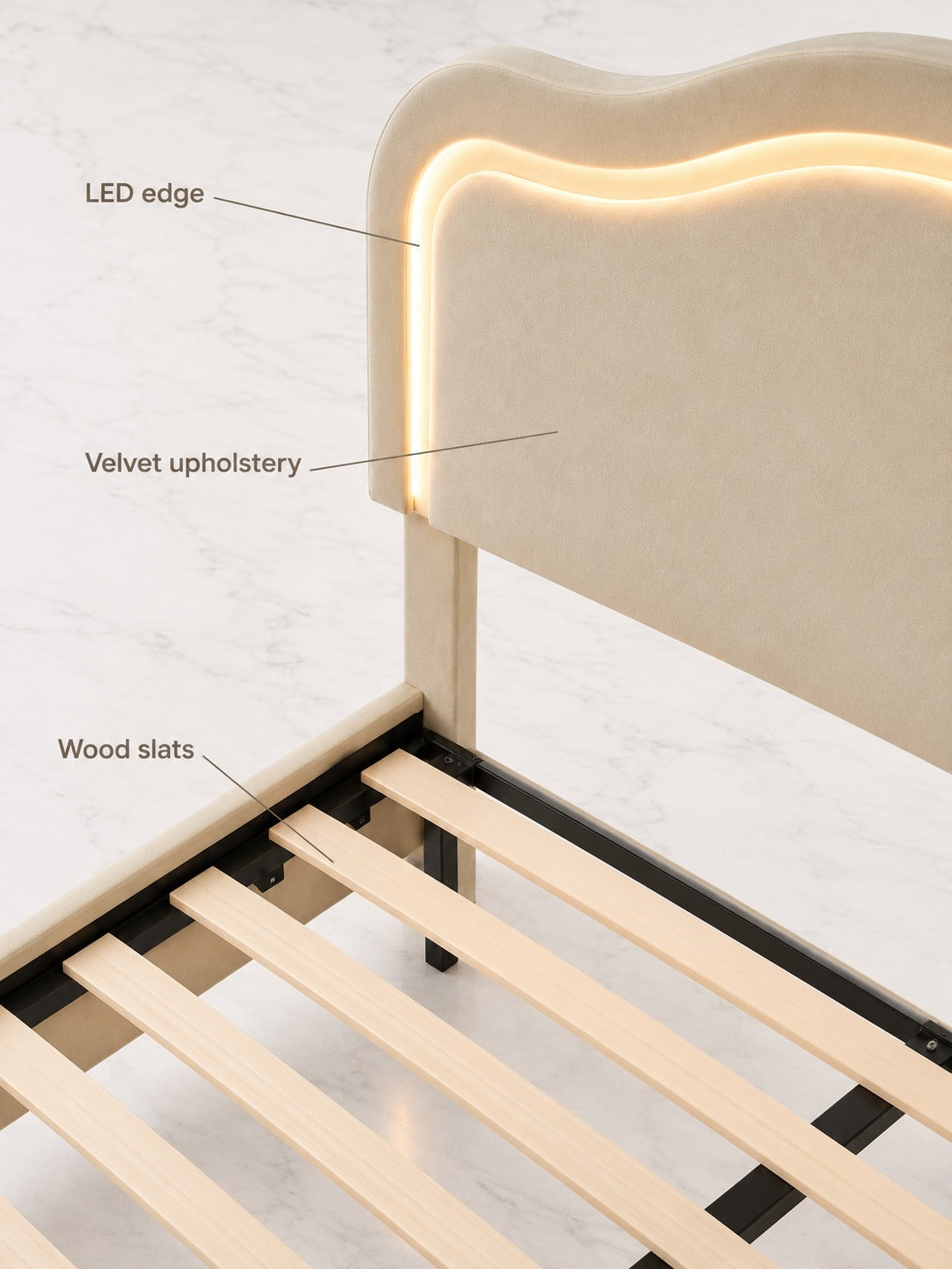 Velvet Upholstered LED Bed Frame with Headboard Glow