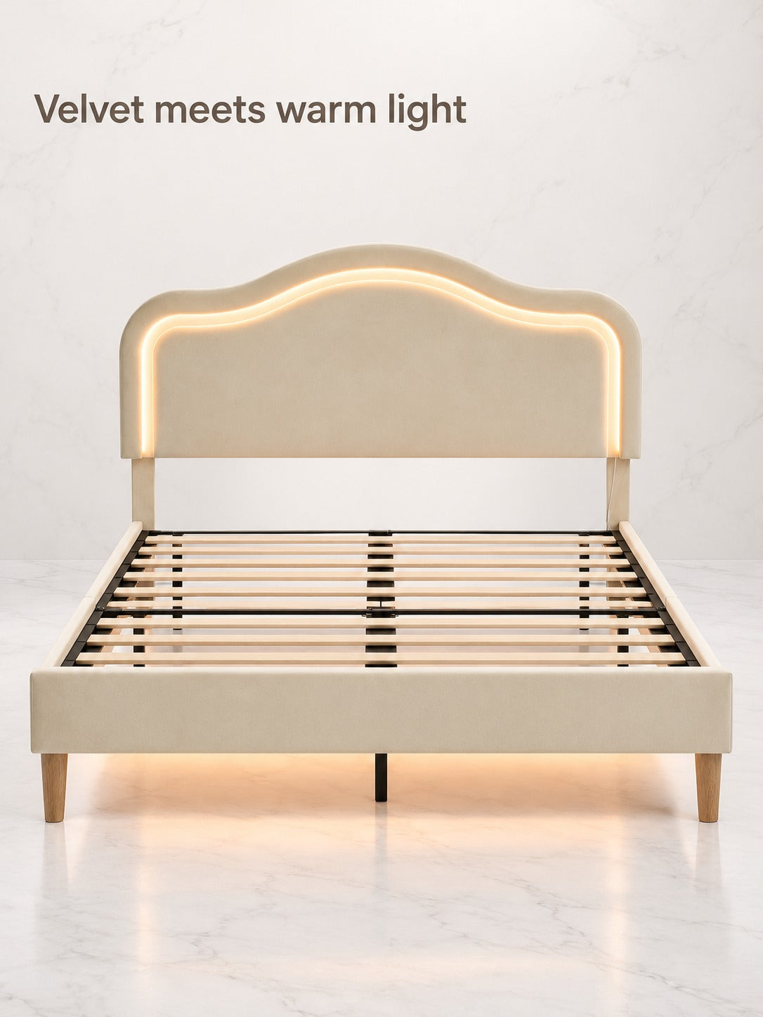 Velvet Upholstered LED Bed Frame with Headboard Glow