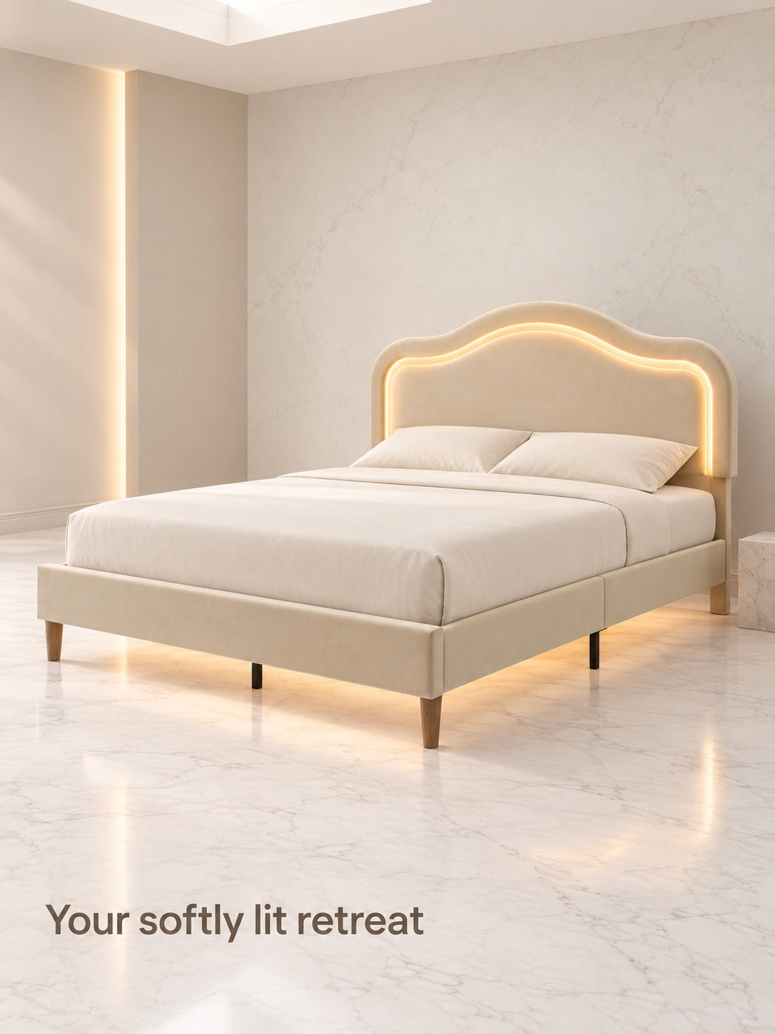 Velvet Upholstered LED Bed Frame with Headboard Glow