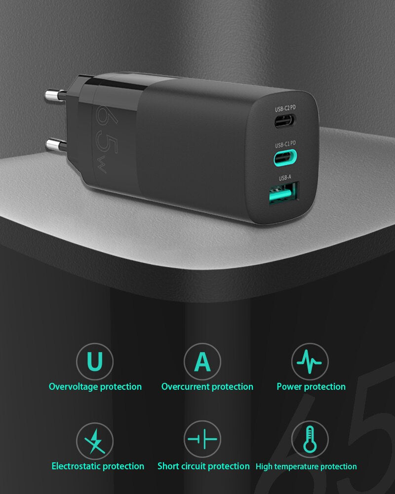 65W GaN USB-C Compact Fast Charger for Laptops and Phones