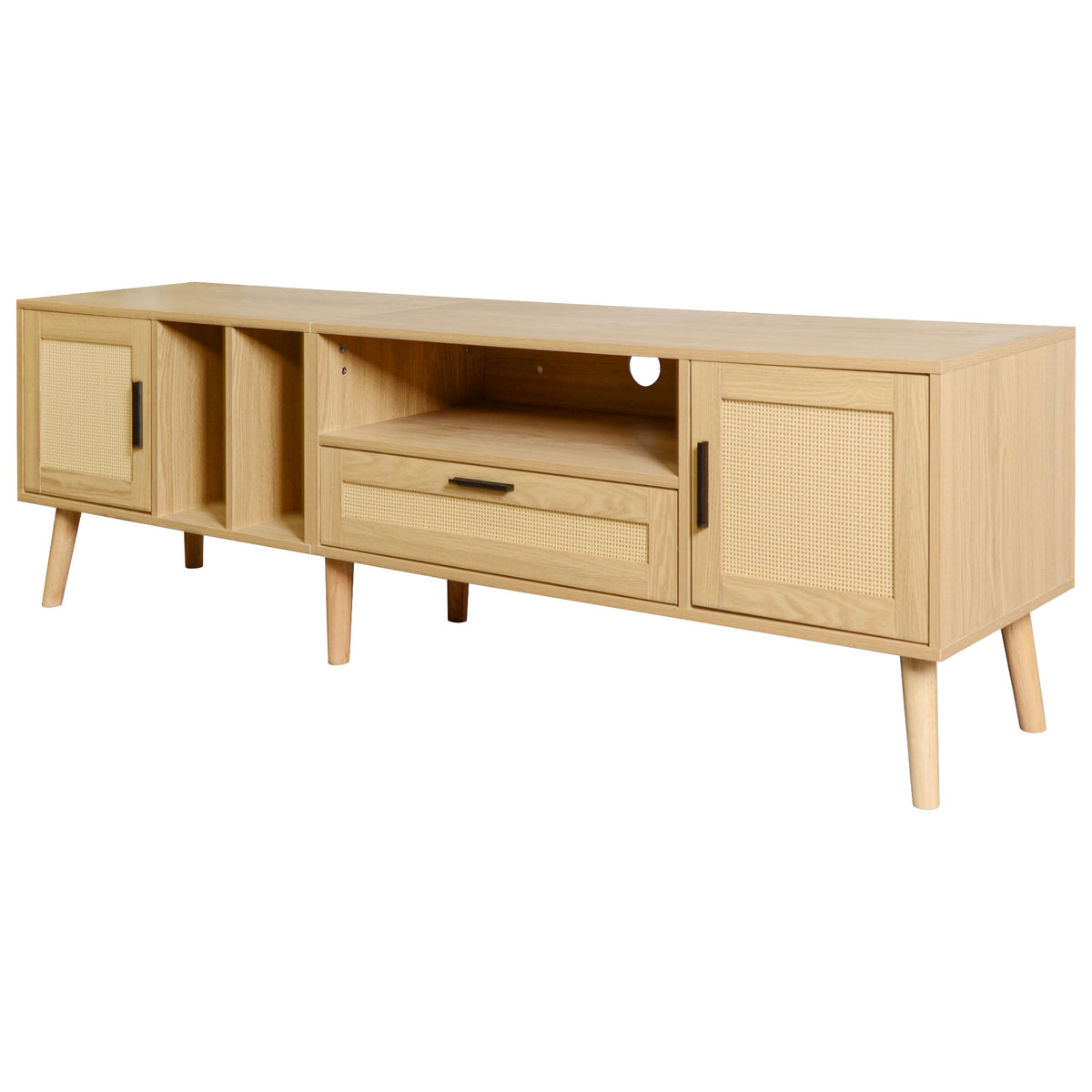 Mid-Century Rattan TV Stand with Cabinets & Shelves