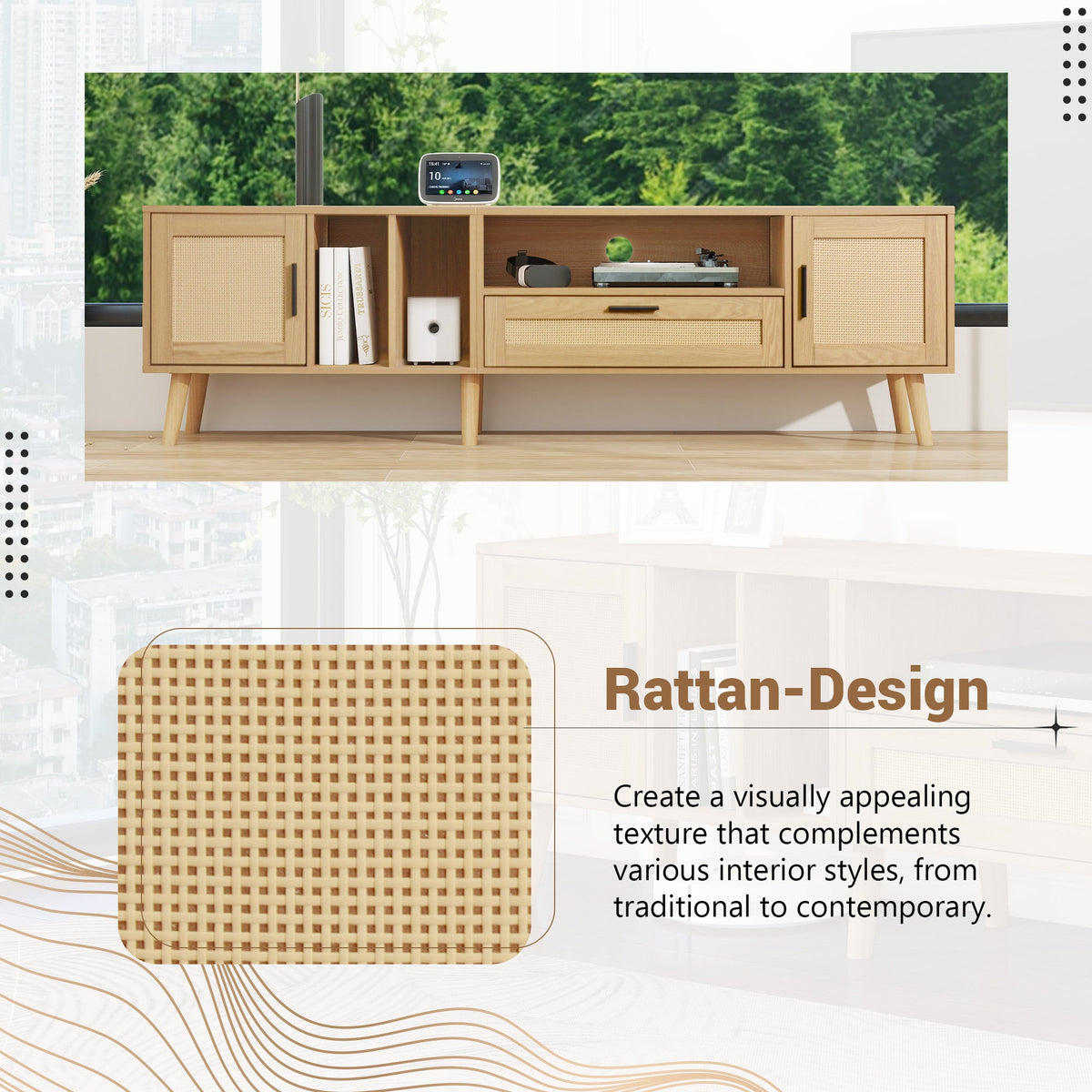 Mid-Century Rattan TV Stand with Cabinets & Shelves