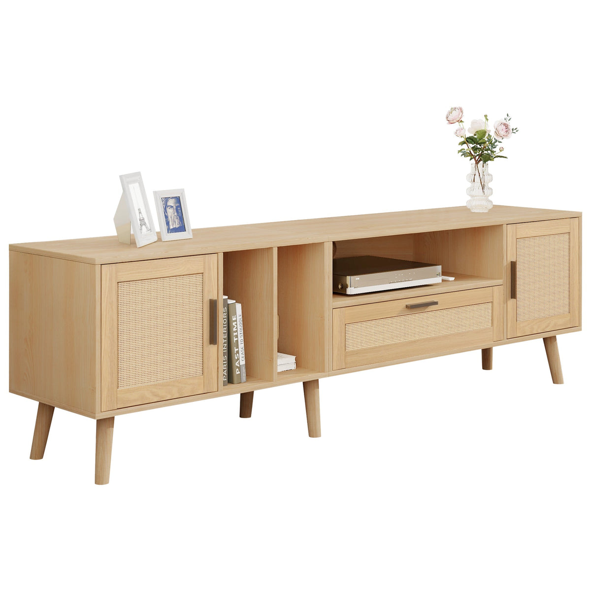 Mid-Century Rattan TV Stand with Cabinets & Shelves