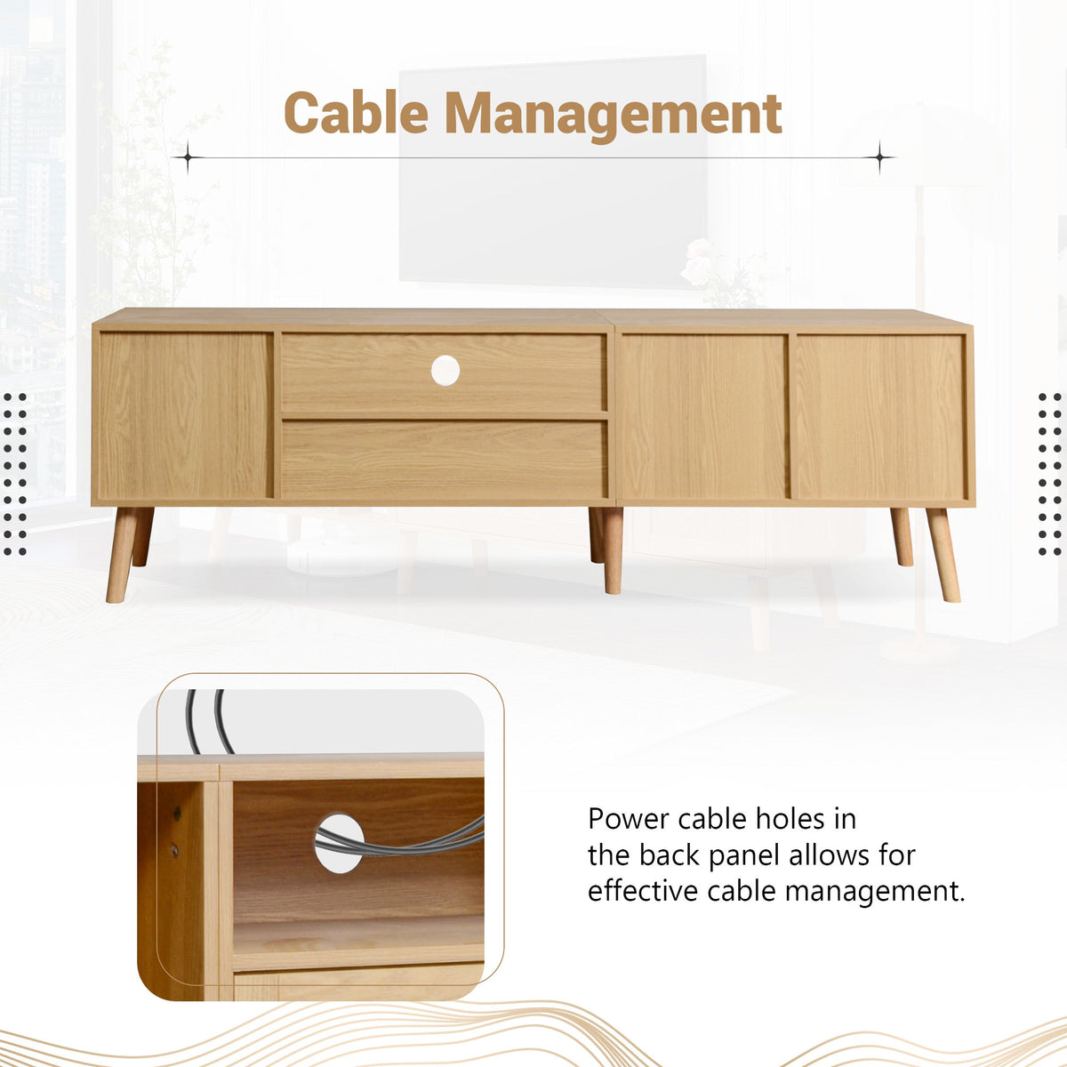 Mid-Century Rattan TV Stand with Cabinets & Shelves