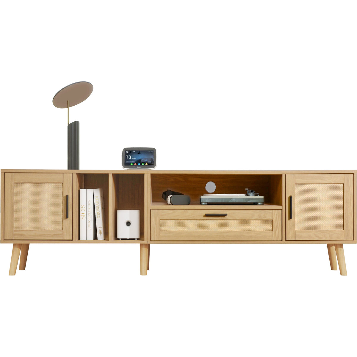 Mid-Century Rattan TV Stand with Cabinets & Shelves