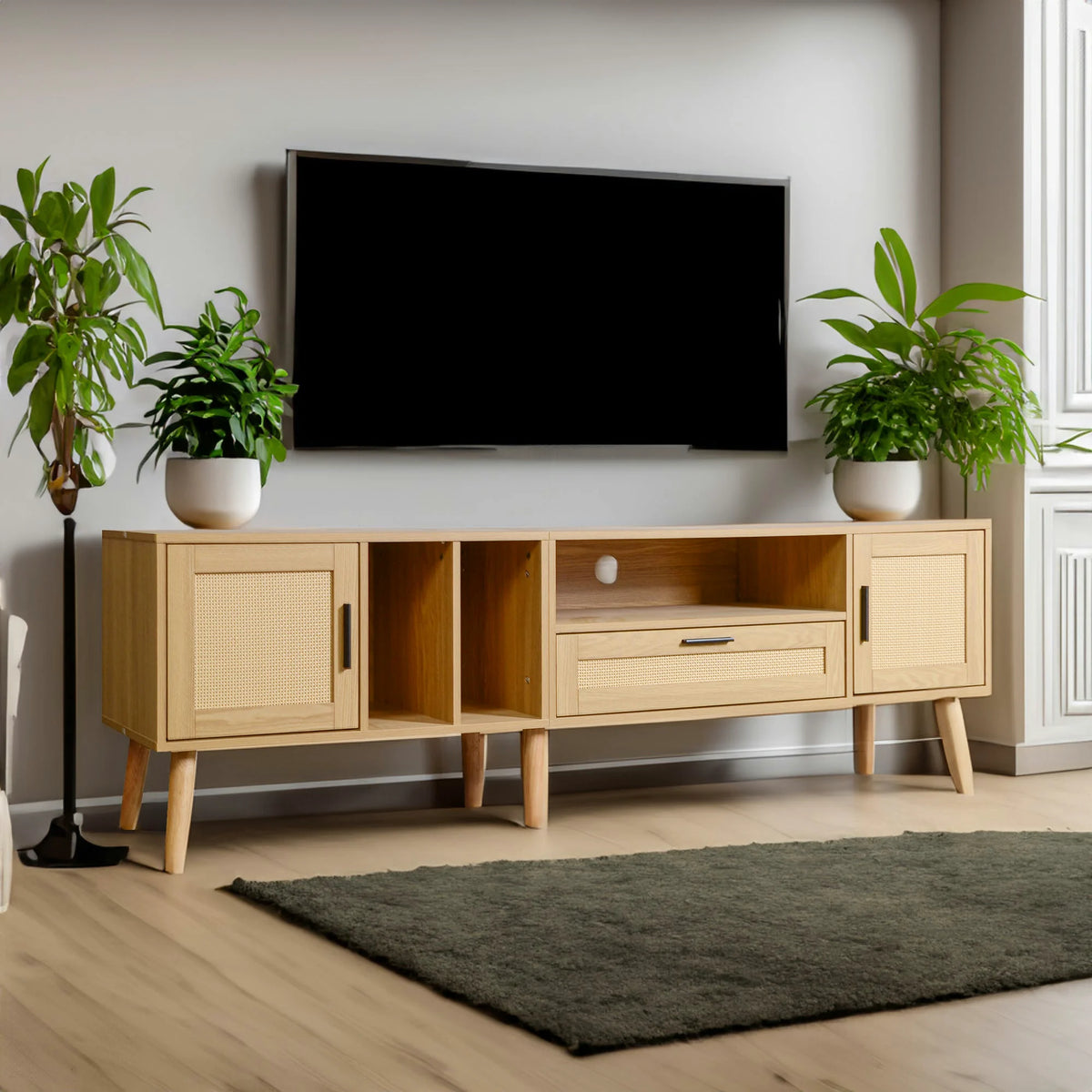 Mid-Century Rattan TV Stand with Cabinets & Shelves