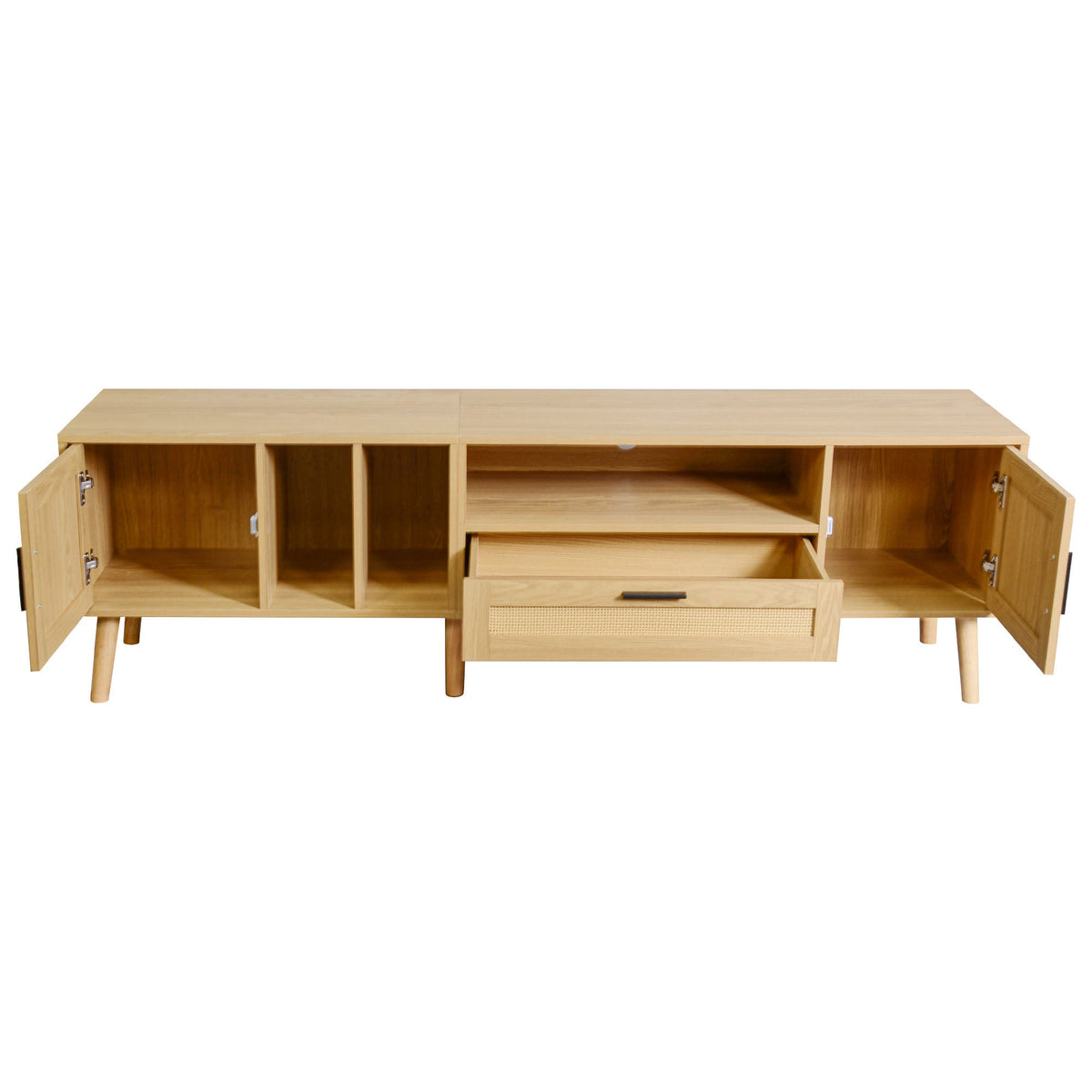 Mid-Century Rattan TV Stand with Cabinets & Shelves