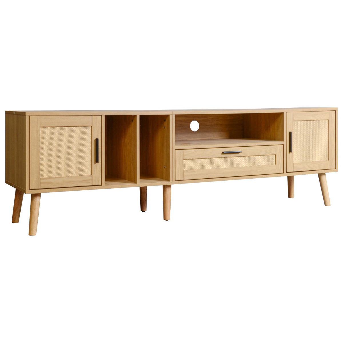 Mid-Century Rattan TV Stand with Cabinets & Shelves